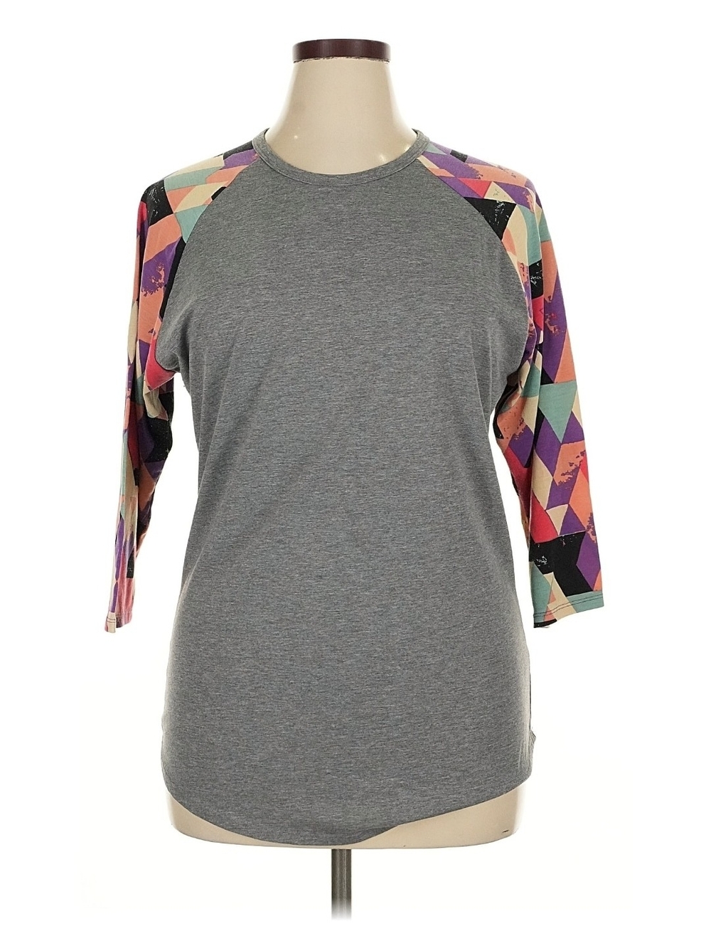 LuLaRoe Gray Raglan Top with Multicolor Geometric Sleeves